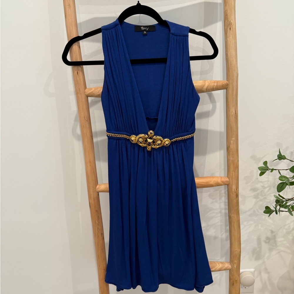 SKY Blue Sleeveless Dress with Gold Accent